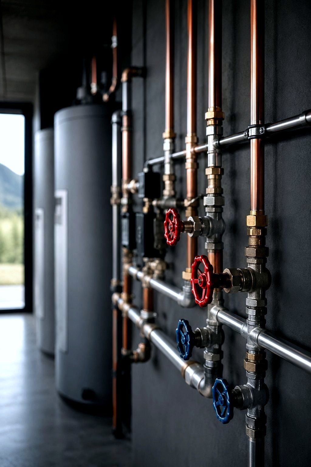 Poliertes Kupfer- und Stahlrohr mit roten und blauen Ventilen an dunkler Wand
