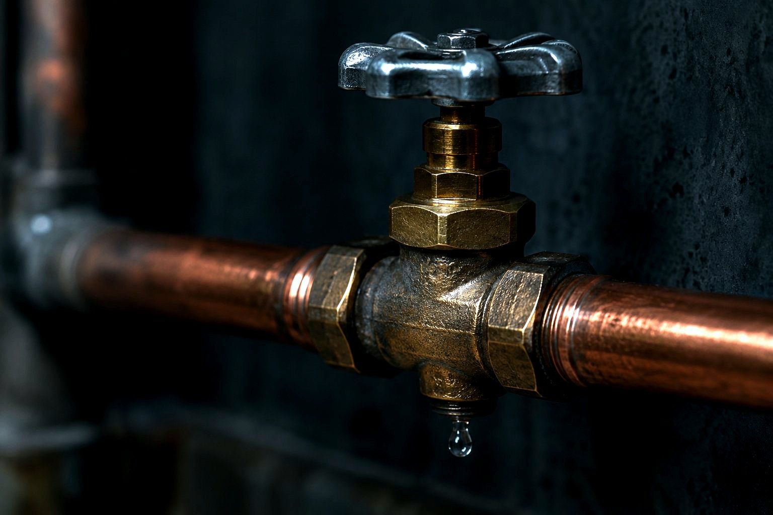 Nahaufnahme eines Absperrventils an einer Kupferleitung mit einem Wassertropfen